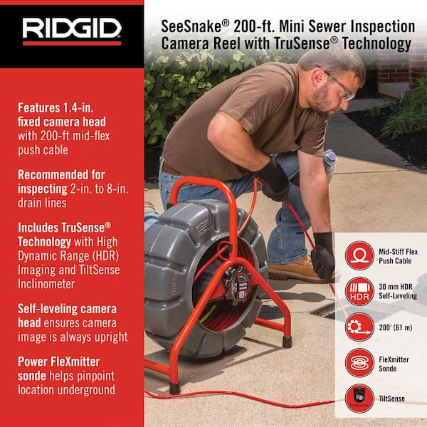 RIDGID 63628 200' Mini SeeSnake Self Leveling TruSense Sewer Camera Reel,  Sewer Inspection : : Tools & Home Improvement