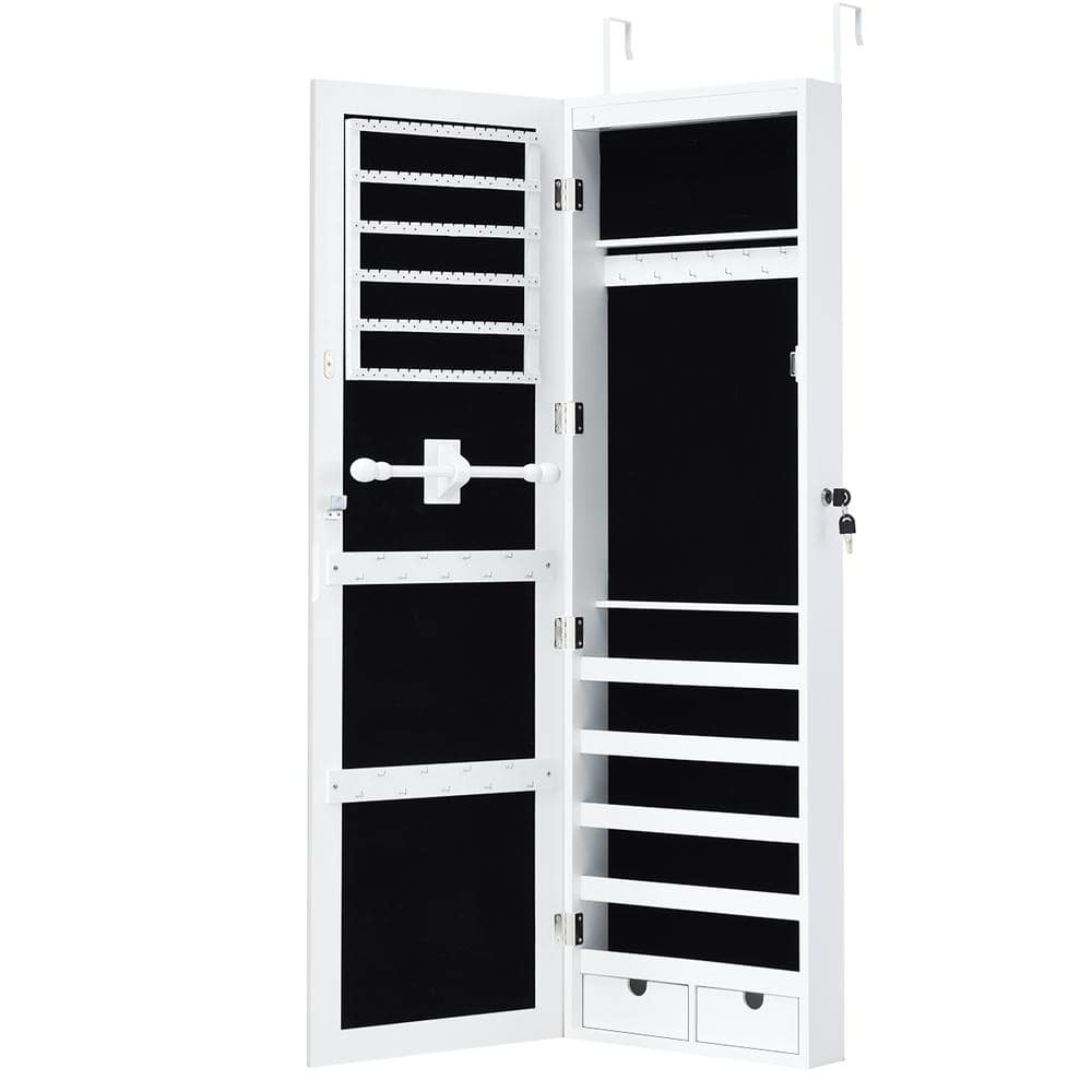 Costway Wall Mounted Mirrored Jewelry Cabinet Organizer w/LED Lights - White