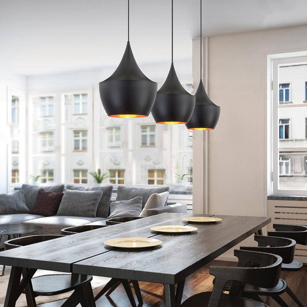 Black Aluminum Mini Pendant Light with Brass Shade