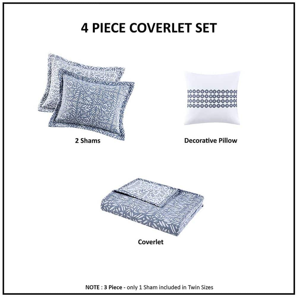 Blue Reversible Cotton Full Quilt Set with Embroidered Pillow