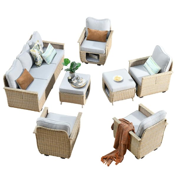 HOOOWOOO Echo Beige 7-Piece Wicker Multi-functional Pet Friendly Outdoor Patio Conversation Sofa Set with Light Green Cushions