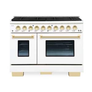 BOLD 48 in. TTL 6.7 Cu. ft. 8 Burner Freestanding Dual Fuel Range Gas Stove and Electric Oven, White with Brass Trim