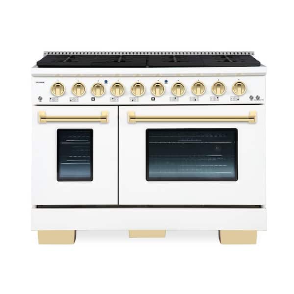 Hallman BOLD 48 in. TTL 6.7 Cu. ft. 8 Burner Freestanding Dual Fuel Range Gas Stove and Electric Oven, White with Brass Trim