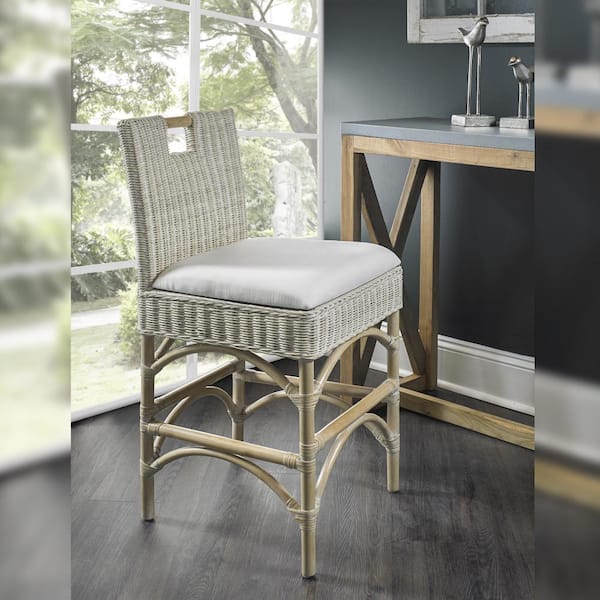 Malio 42.91 in.Whitewash High Back Rattan Frame Bar Height (28-33 in.) Bar Stool with Fabric Seat