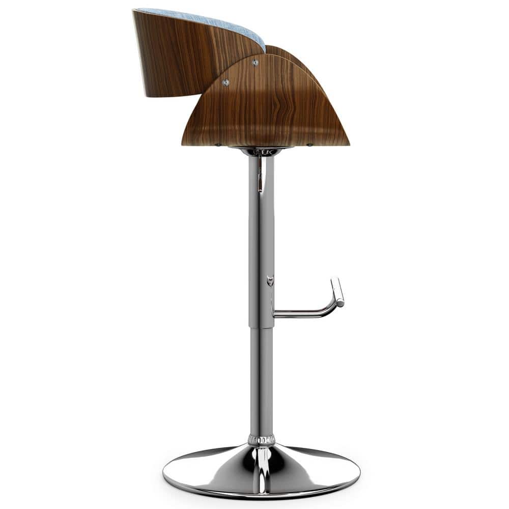 Denim Blue Adjustable Swivel Bar Stool with Walnut Veneer