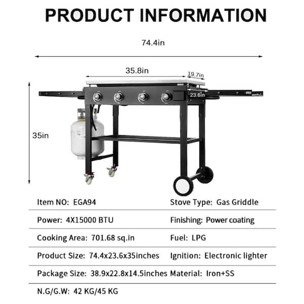 Alpulon Black 4-Burner Outdoor Foldable Propane GAS Grill with Wheels