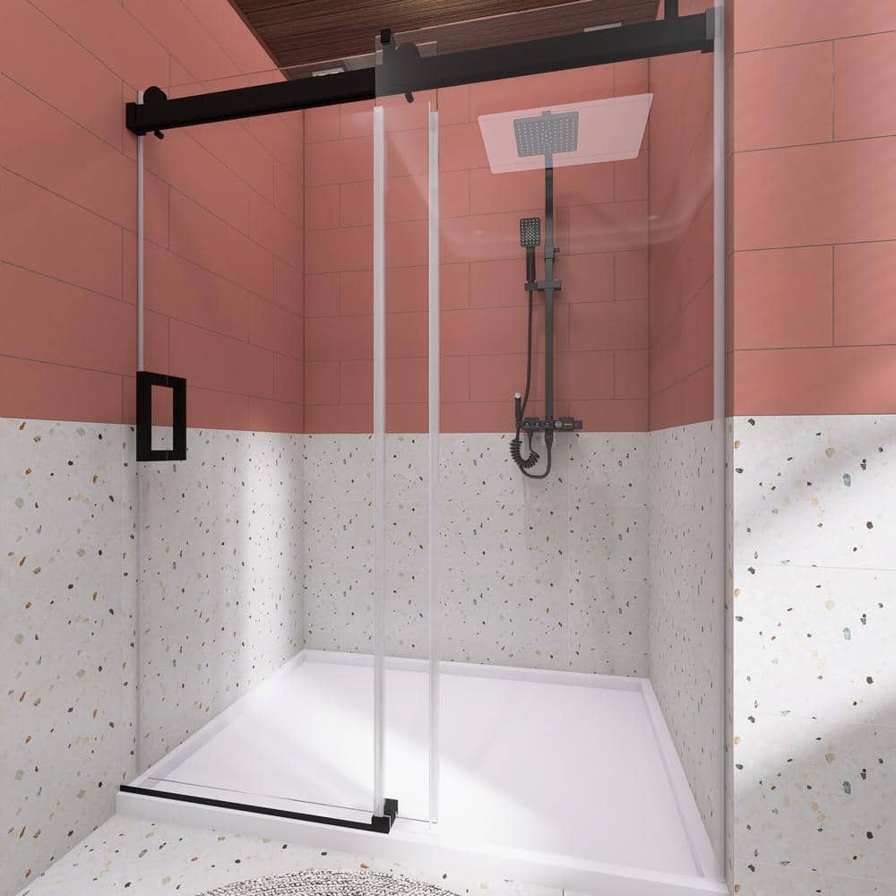 72'' Matte Black Frameless Sliding Shower Door with Clear Glass