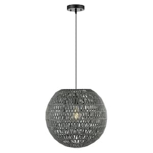 Luna 15.75 in. 1-Light Grey Bohemian Modern Woven Rattan/Iron LED Pendant, Black