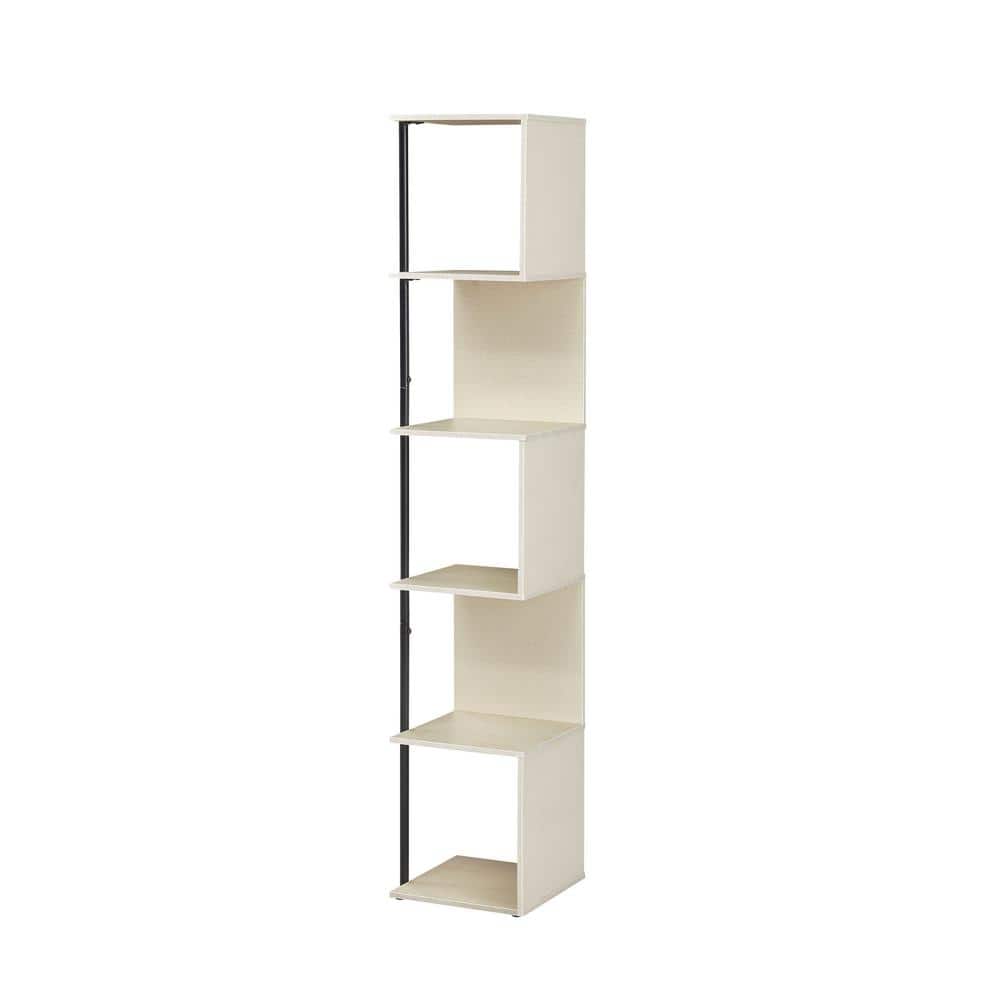 Cream Weave 5-Shelf Corner Bookcase with Black Metal Support