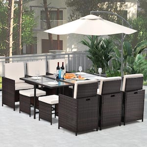 11-Piece Wicker Outdoor Dining Set Sectional Furniture Modern Brown with Beige Cushion, Ottomans