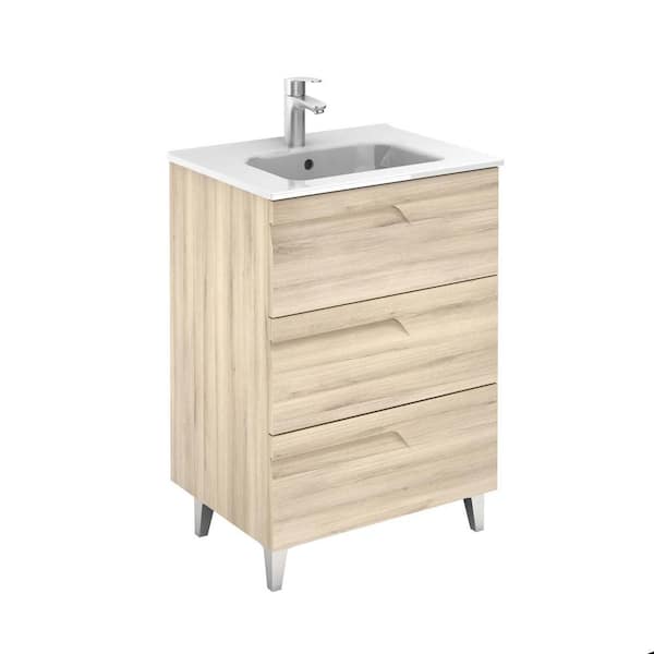 ROYO Vitale 24 in. W and 18 in. D 3-Drawers Vanity in Beige Nature with White Basin