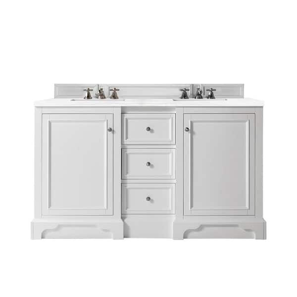 James Martin Vanities De Soto 61.3 in. W x 23.5 in.D x 36.3 in. H Double Bath Vanity in Bright White with Soild Surface Top in Arctic Fall