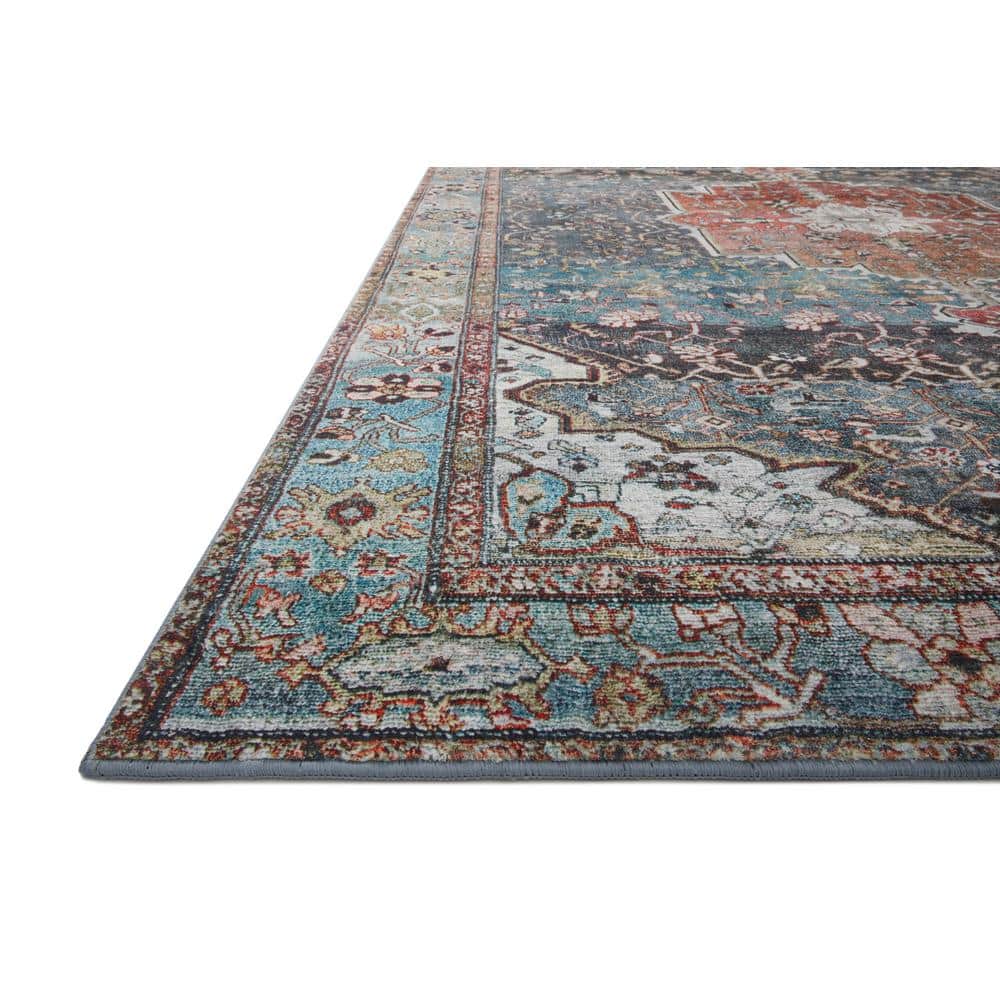 Blue and Brick Medallion Stain-Resistant Synthetic Area Rug