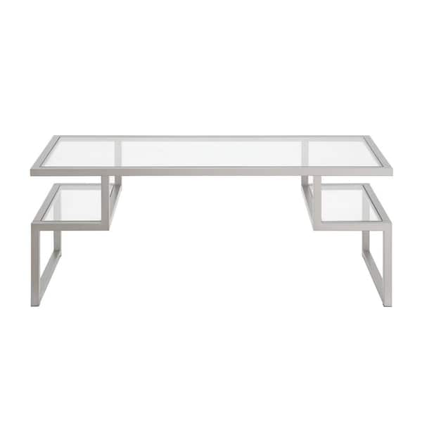 MEYER&CROSS Zander 45 in. Nickel/Clear Large Rectangle Glass Coffee Table with Shelf