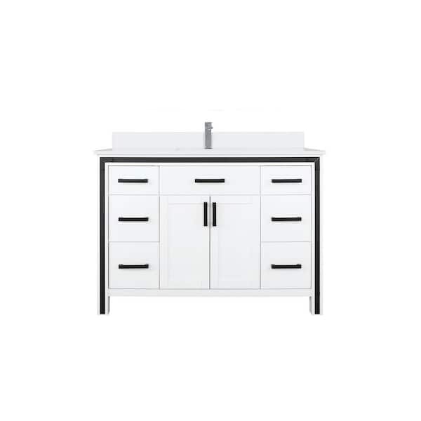Ziva 48 in W x 22 in D White Bath Vanity, White Quartz Top and Faucet Set