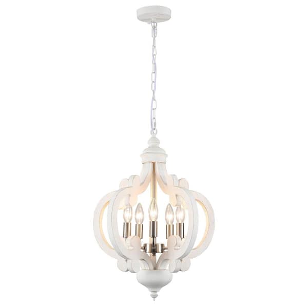 5-light Sliver Nickel/Vintage White Lantern Chandelier With Wood Shade For Dinning Room Foyer and NO Bulb Includes