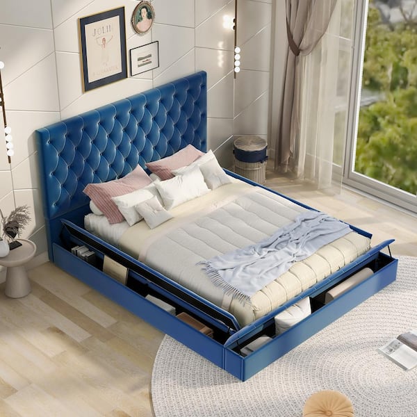 null 70.7 in. W Blue Full Size Velvet Wood Frame Platform Bed with Storage Space