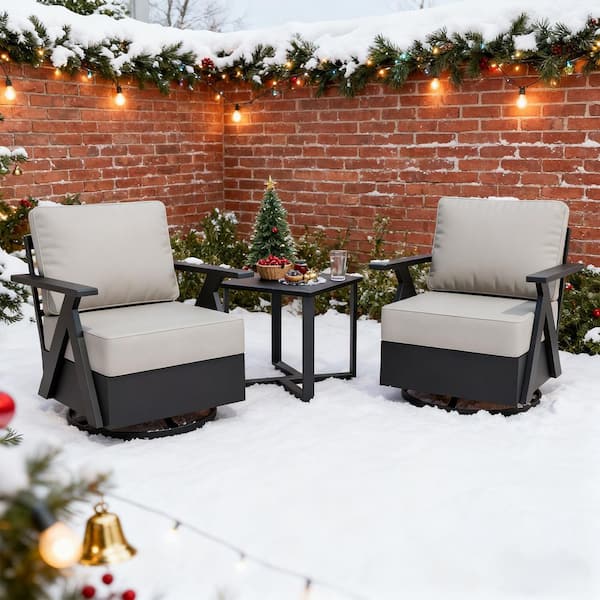 Modern 3-Piece Patio Set: 2 Swivel Rocking Chairs with Side Table Black Steel with Weather-resistant Beige Cushions