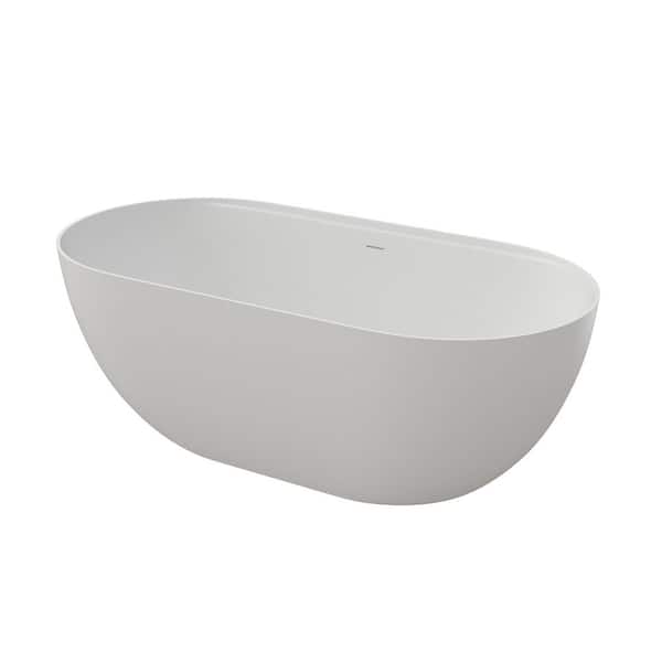 59.00 in. x 29.50 in. Flat Bottom Solid Surface Freestanding Soaking Bathtub with Center Drain in Matte White
