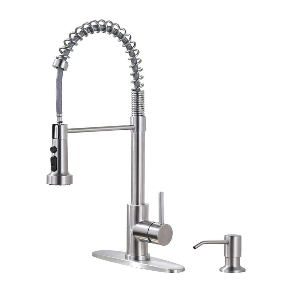 Brushed Nickel Single Handle Pull Down Kitchen Faucet with Soap Dispenser