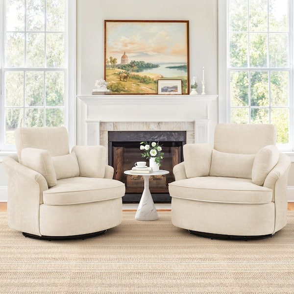 Cyris Oversized Beige Chenille Upholstered Swivel Accent Chair with 3 Removable Pillows Barrel Chair Set of 2