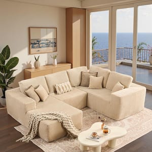 VK 115 in. Wide Arm 3-Piece Modern Plush Corduroy U-Shape Modular Sectional Sofa in. Beige with Chaise