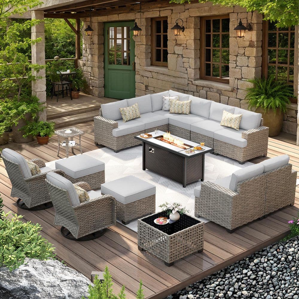 Jubilation 15 Pieces Wicker Outdoor Patio Rectangular Fire Pit Set and Swivel Rocking Chairs with Gray Cushions price history on PriceWatchPro