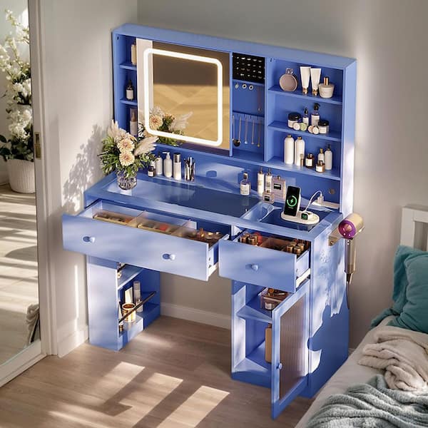 1-piece Sophia Purple Particle Board Makeup Vanity Table with Dimmable Touch Mirror 2-Drawer 1-Glass Door 2-Tier Shelf