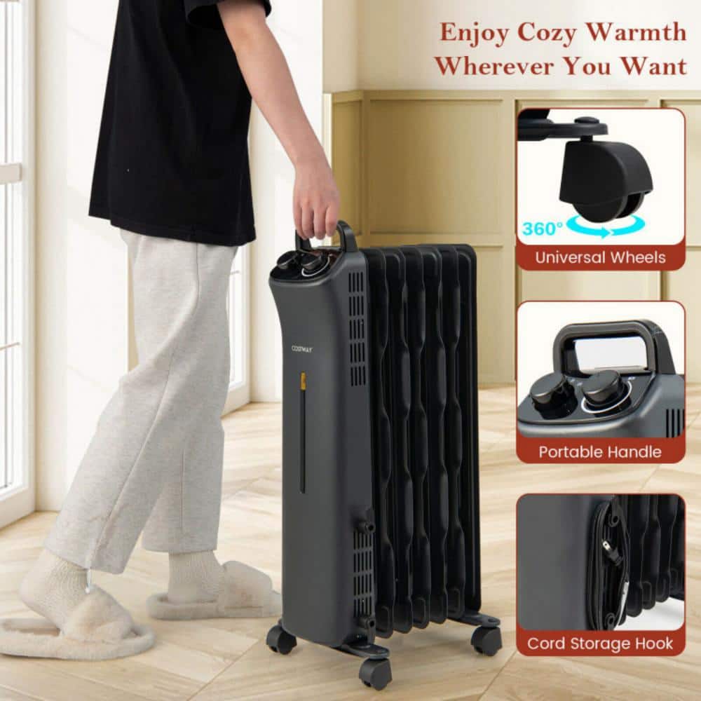 Black 1500W Oil Filled Space Heater with Thermostat and Automatic Shut-off