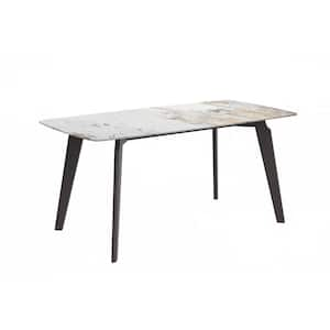 Krevor Modern White Grey Sintered Stone 71 in. Rectangular Wide Tabletop and 4 Legs Black Steel Dining Table Seats 10+