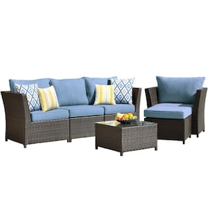 Huron Gorden Brown 6-Piece Wicker Outdoor Patio Conversation Sectional Sofa Set with Blue Cushions