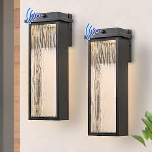 Matte Black Integrated LED Outdoor Hardwired Wall Lantern Sconces with Ripple Tempered Glass (2-Pack)