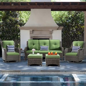 6-Piece Wicker Outdoor Patio Seating Set Sectional Sofa with Swivel Rocking Chair, Ottomans and Green Cushions