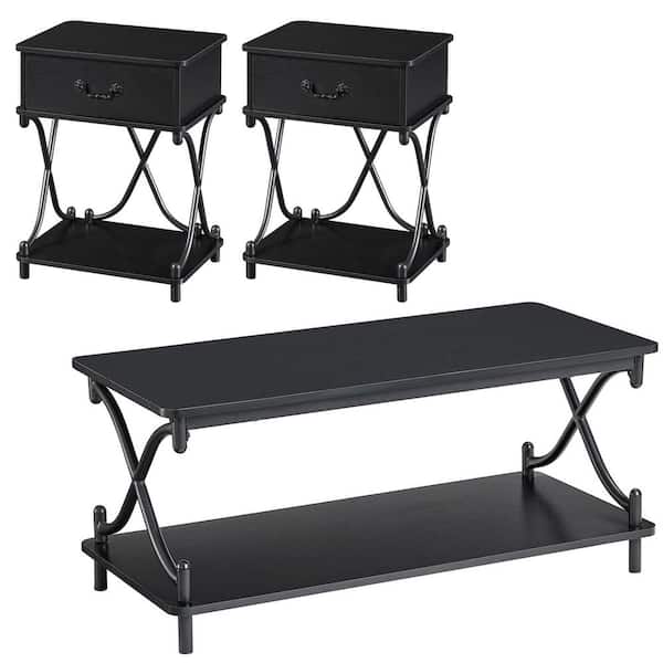 VECELO Industrial 39 in. Black Rectangle Wood Coffee Table with 2-Nightstands, X-Frame Coffee Table Set with Storage Drawers