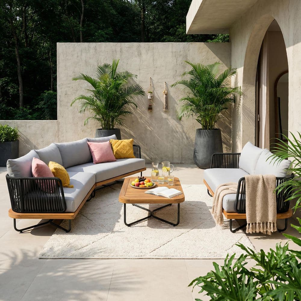 Delling 4-Piece Solid Wood Patio Conversation Set with Gray Rope and Gray Cushions