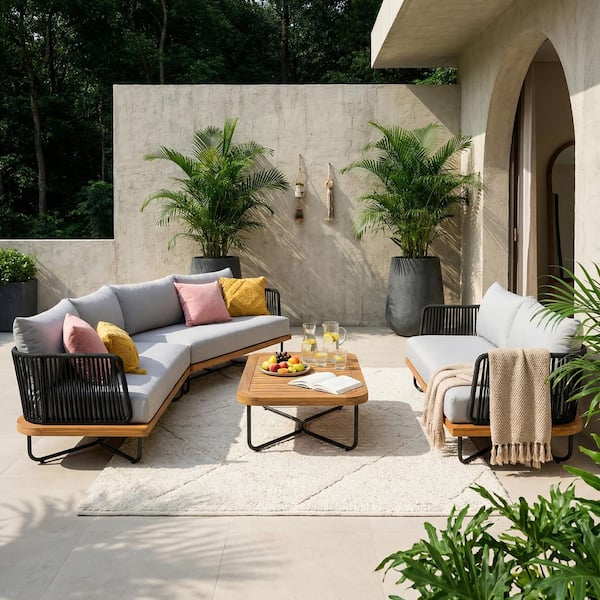 Delling 4-Piece Solid Wood Patio Conversation Set with Gray Rope and Gray Cushions