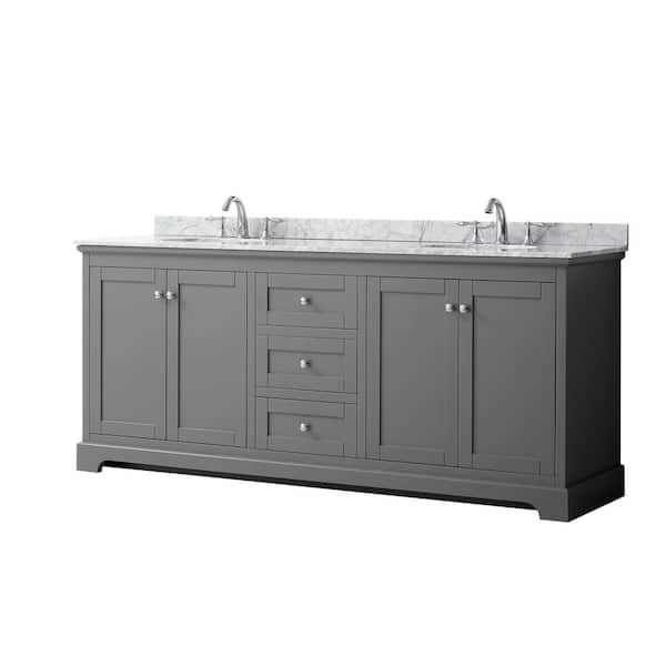 Wyndham Collection Avery 80 in. W x 22 in. D Bathroom Vanity in Dark Gray with Marble Vanity Top in White Carrara with White Basins
