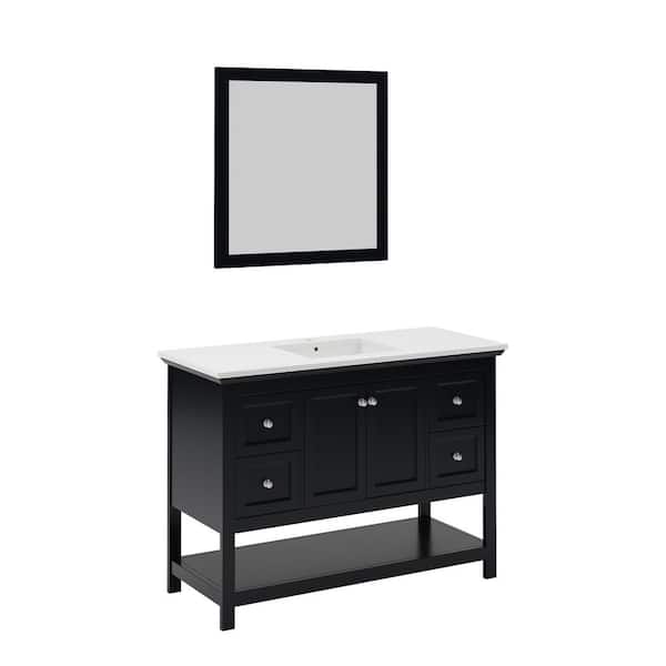 Fresca Manchester 48 in. Single Sink Shaker-Style Black Bath Vanity with White Quartz Top, Integrated Sink and Mirror