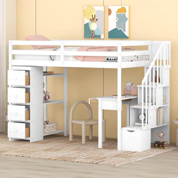 Polibi Twin size Loft Bed with Storage Drawers, Desk and Stairs, Wooden Loft Bed with Shelves-White