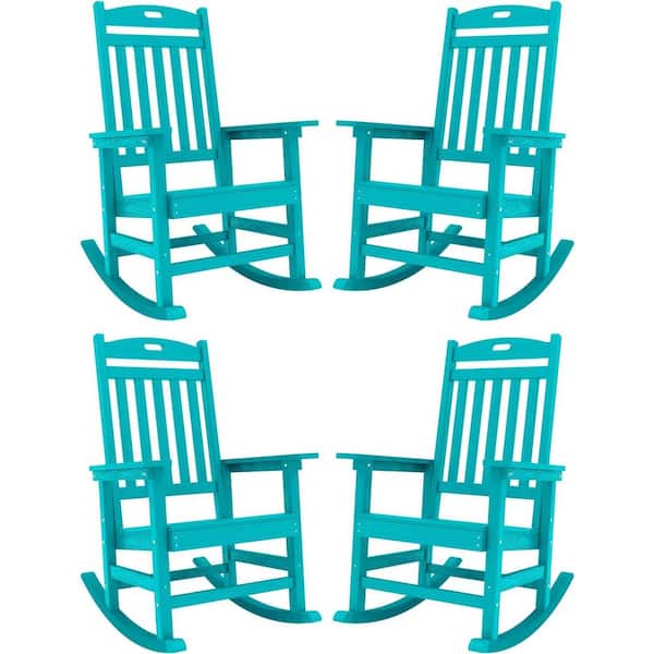 Mximu Aruba Blue Plastic Patio Outdoor Rocking Chair, Fire Pit Adirondack Rocker Chair with High Backrest(4-Pack)