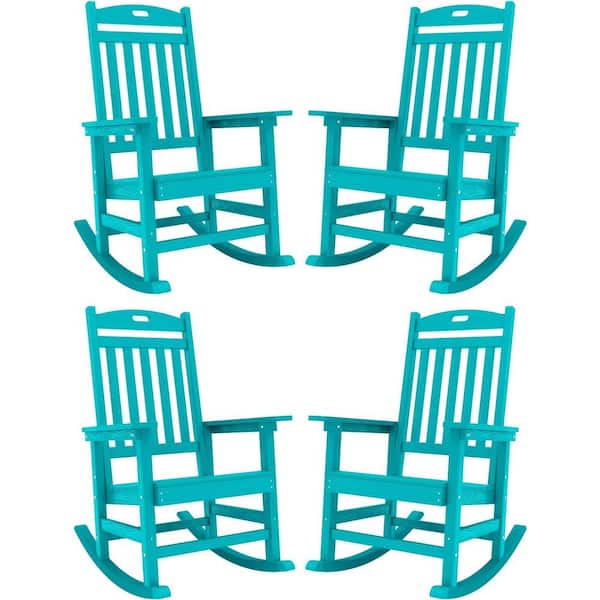 YEFU Aruba Blue Plastic Patio Outdoor Rocking Chair, Fire Pit Adirondack Rocker Chair with High Backrest(4-Pack)