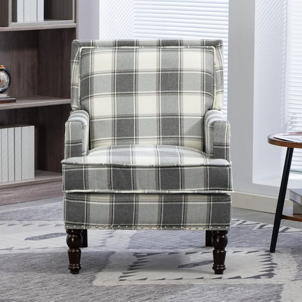 Gray Mix White Check Linen Fabric Vintage Upholstered Accent Chair, Living Room Arm Chair with Nailhead Trim