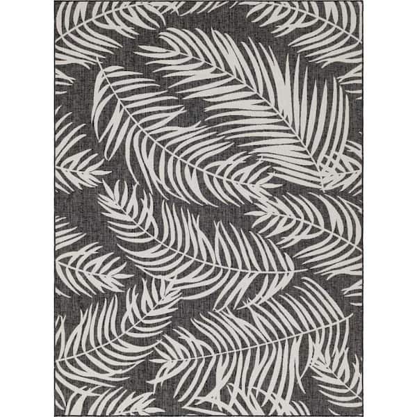 Unique Loom Outdoor Botanical Palm Charcoal 9 ft. x 12 ft. Area Rug