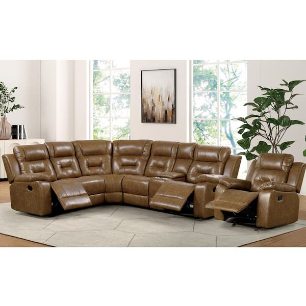 Salisbur 2-Piece Brown Faux Leather Upholstered Sectional and Recliner Living Room Set with Pillow Top Arms and Console