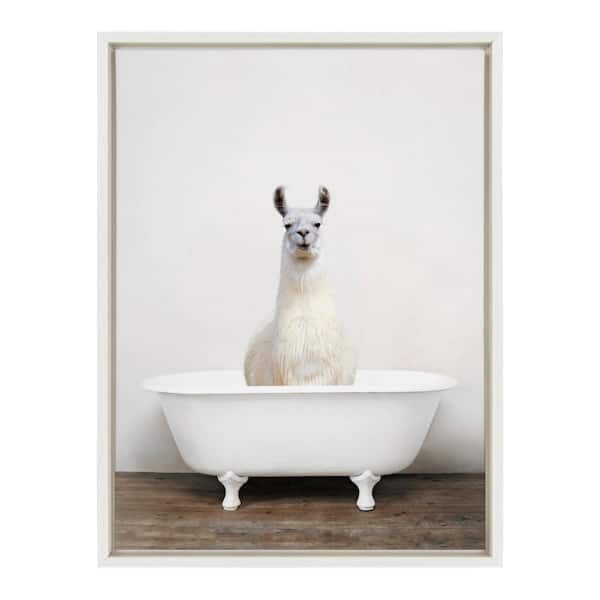 Kate and Laurel Sylvie "Alpaca in the Tub Color" by Amy Peterson Art Studio Framed Canvas Wall Art 18 in. x 24 in.
