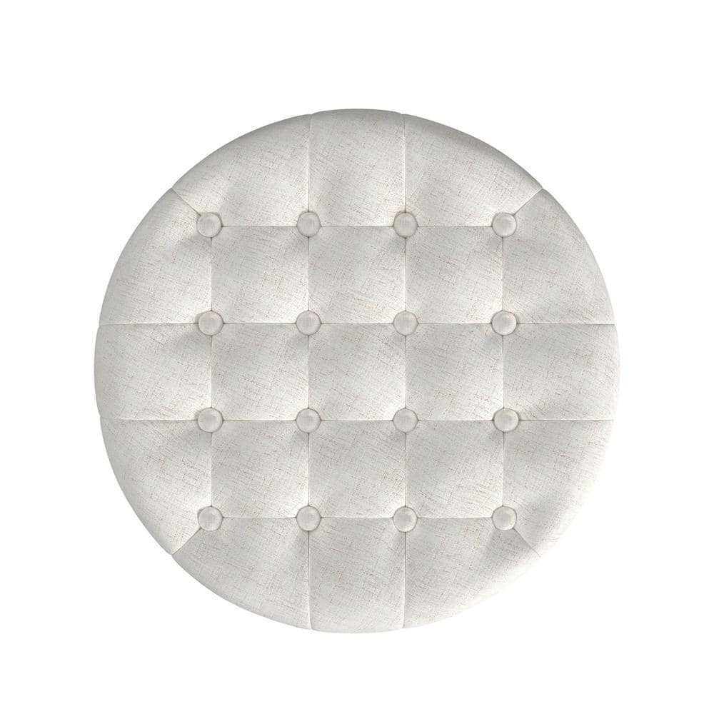 Cream Tufted Round Storage Ottoman with Wooden Legs