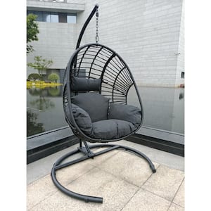 Black Wicker Patio Swing Egg Chair Indoor Outdoor Lounge Chair Hanging Egg Chair with Stand and Antracite Cushions