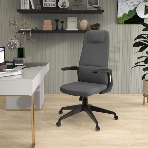 Leisuremod Nexa Leather Adjustable Height Swivel Tilt Ergonomic Office Chair in Grey Leather with Arms Computer Chair in Steel