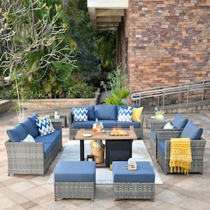 Eufaula Gray 13-Piece Wicker Modern Outdoor Patio Conversation Sofa Set with a Storage Fire Pit and Denim Blue Cushions