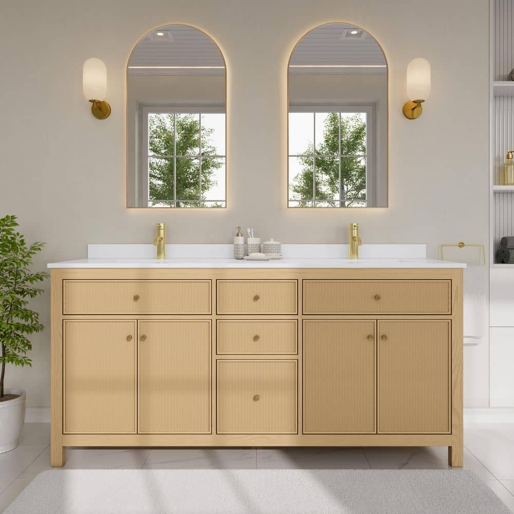 Pendry 72 in. Double Freestanding Tanned Oak Bath Vanity with White Cultured Marble Top Assembled price history on PriceWatchPro